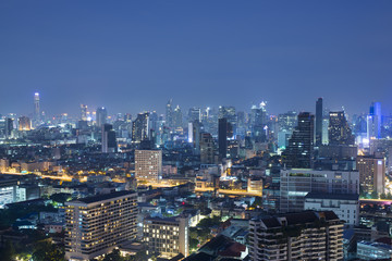  Bangkok urban skyline aerial view at night.
