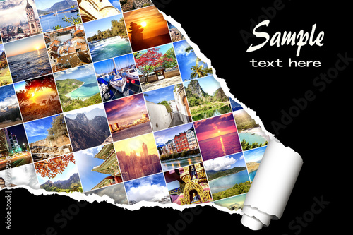 Fotografie, Obraz Background with many photos from vacation and travel, destination all over the world, with effect of ripped paper