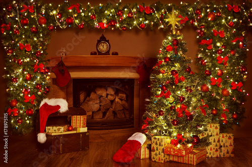 Christmas Fireplace And Xmas Tree Presents Gifts