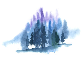 Watercolor illustration isolated on white background. Painting on wet. Blue forest in fog.