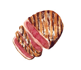 Watercolor hand drawn food illustration of  grilled steak isolated on white