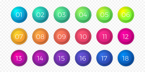 Aufkleber - Number bullet point flat color gradient web icons set. Step circle buttons or 18 number bullet buttons vector isolated round bubbles on transparent background for web design or internet page template