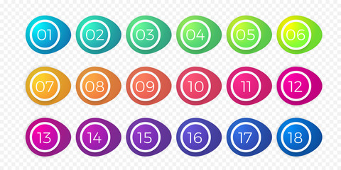 Aufkleber - Number bullet point flat color gradient web icons set 1 to 18. Vector isolated step circle buttons or number bullet buttons of round white outline bubbles template on transparent background