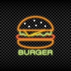 Aufkleber - Neon light sign of burger cafe. Glowing and shining bright signboard of fast food logo. Vector illustration.