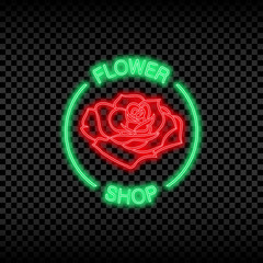 Aufkleber - Neon light sign of flower shop. Glowing and shining bright signboard for flower store logo. Vector illustration.