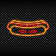 Aufkleber - Neon light sign of hot dog cafe. Glowing and shining bright signboard of street food logo. Vector illustration.