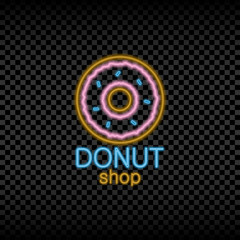 Aufkleber - Neon light sign of donut shop. Glowing and shining bright signboard for bakery logo. Vector illustration.