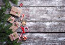 Christmas Background With Gift Boxes And Gingerbread Cookies
