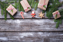 Christmas Background With Gift Boxes And Gingerbread Cookies