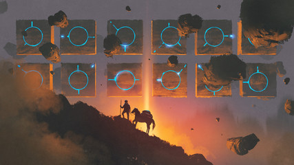 sci-fi scenery of man and horse walking up a mountain against mysterious rocks floating in the air, 