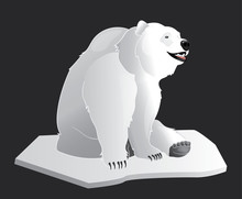 White Polar Bear Sitting On An Iceberg Of Snow Isolated On A Dark Background Vector Illustration.