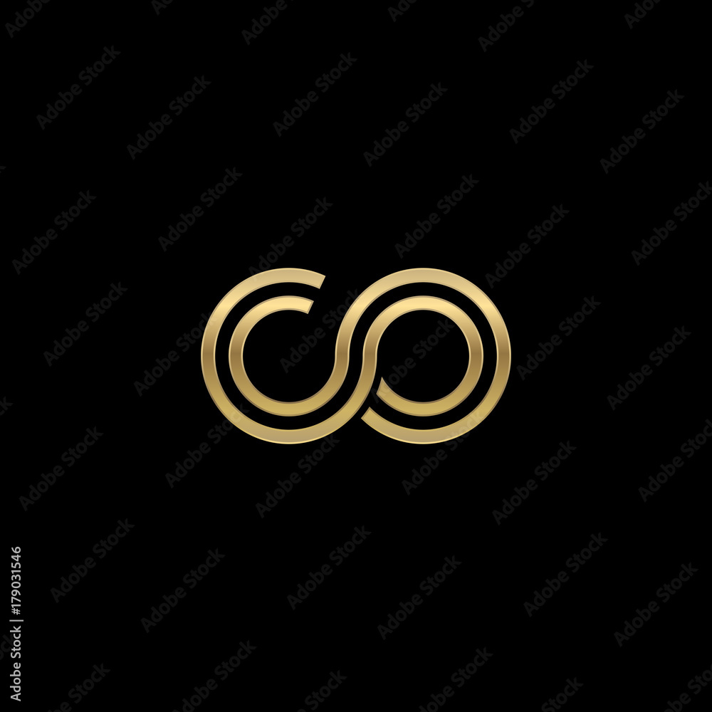 Initial lowercase letter co, linked outline rounded logo, elegant golden color on black background - obrazy, fototapety, plakaty 