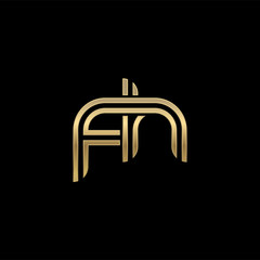 Initial lowercase letter fh, linked outline rounded logo, elegant golden color on black background