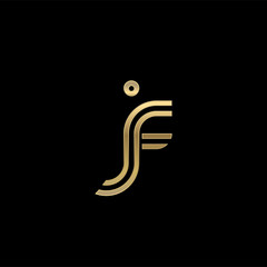 Initial lowercase letter jf, linked outline rounded logo, elegant golden color on black background