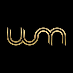 Initial lowercase letter wm, linked outline rounded logo, elegant golden color on black background