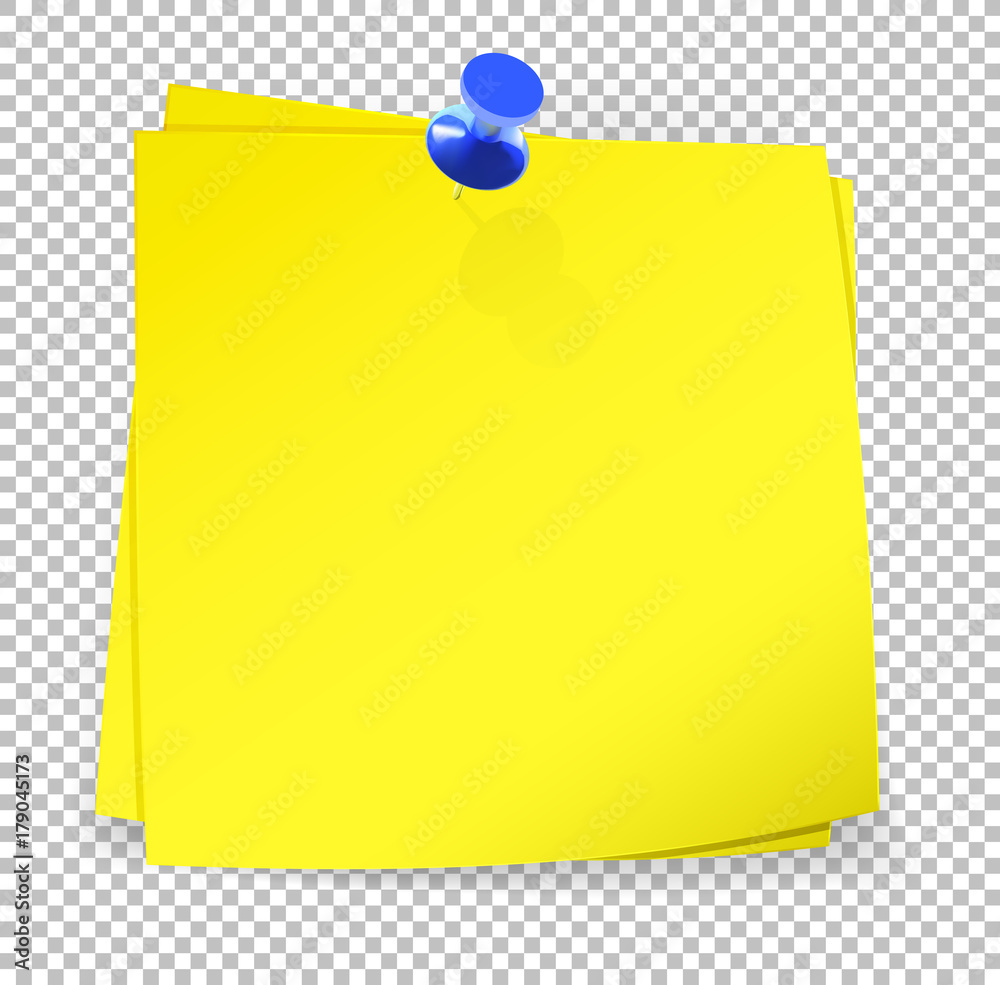 Colorful sticky notes attached with blue pin on transparent background ...