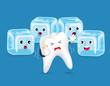 Cartoon unhealthy tooth character with ice. Sensitive Teeth To Cold.  Dental care concept, illustration isolated on blue background.