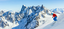 Skiing Vallee Blanche Chamonix With Amazing Panorama Of Grandes Jorasses And Dent Du Geant From Aiguille Du Midi, Mont Blanc Mountain, Haute-Savoie, France