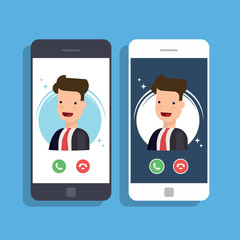 Poster - Incoming call on mobile phone. Businessman or manager calls on the smartphone. Accept or reject an incoming call. Vector flat illustration.