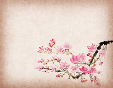 Plum Blossom And Bamboo On Old Antique Paper Texture