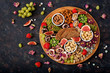 © timolina - Mix fruits and nuts, healthy diet, Turkish sweets, eating lean. Flat lay. Top view