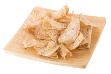 Wall Mural - fried Taro slices Dip into the caramel In a wooden tray isolated on white background