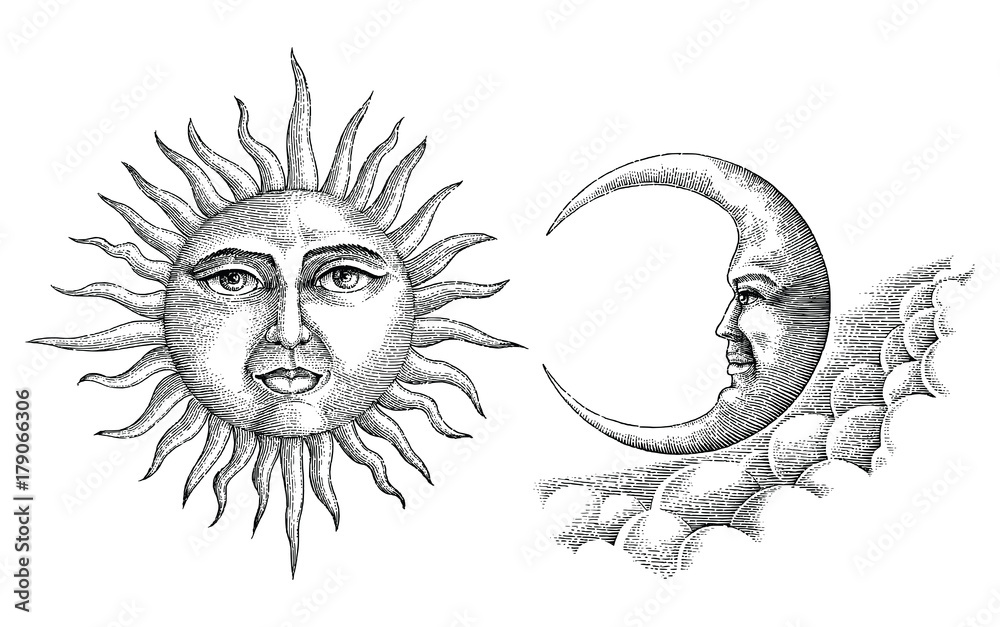 Vintage moon and sun hand drawing vintage style - obrazy, fototapety, plakaty 