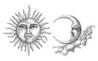 Vintage moon and sun hand drawing vintage style