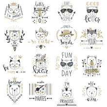 Big Vector Collection With  Cute Animals. Set With Teddy Bears, Cats, Fox. Trendy Design In Sketch Style  T-shirt Print, Cards, Poster. Doodle Kids Series Funny Characters. Cartoon Art.
