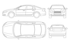 Sedan Car In Outline. Business Sedan Vehicle Template Vector Isolated On White. View Front, Rear, Side, Top. All Elements In Groups