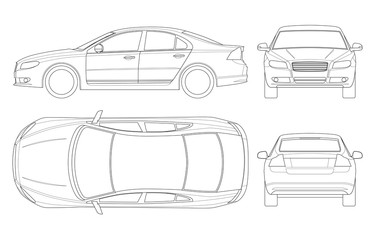 Wall Mural - Sedan car in outline. Business sedan vehicle template vector isolated on white. View front, rear, side, top. All elements in groups