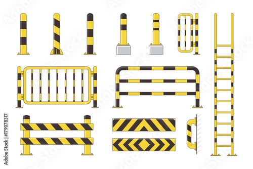 Fotografía Guard post sentry yellow and black collection, icon flat column bollard set vect