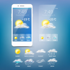 Sticker - Weather Forecast App Vector. Blue Background. Application Of Science And Technology. State Of The Atmosphere. Illustration