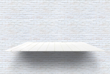 Canvas Print - Wooden plank shelves and White brick wall background. For product display.