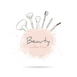 Beauty collection with a set of makeup artist brushes. Beauty make-up and cosmetics background, drawing hands emblem. Vector illustration.