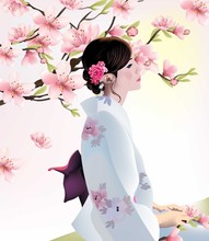 Japanese Girl On Cherry Blossom Background. Vector