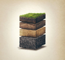 Soil Layers. Four Cross Section Soil Layers. 3D Illustration Isolated On Light Background