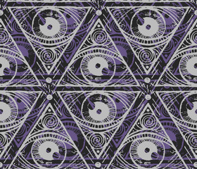  Seamless texture. Magic repeating background. Tile pattern with pyramid with eye. Gray and violet triangles. Dark theme.