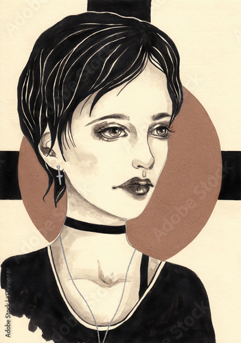 Gothic Girl With Short Black Hair Fashion Illustration