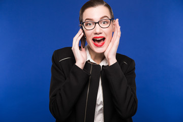 woman with red lipstick in her hand phone