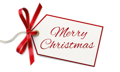 Wall Mural - gift tag and red ribbon bow - merry christmas