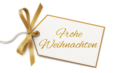 Wall Mural - gift tag and golden ribbon bow - frohe weihnachten