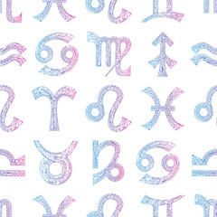 Zodiac signs seamless pattern. Horoscope magic symbols background. Hand drawn astrological vector texture for wallpaper, wrapping, textile design, surface texture, fabric.