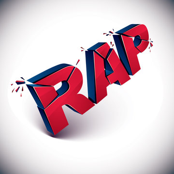 3d shattered red vector rap word created with refractions. Dimensional inscription with specks isolated on white background.