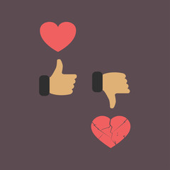 Thumbs up and down, heart signs on colorful round flat vector icons. Simple buttons with user feedback for social network, mobile app or web site design