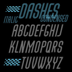 Poster - Set of cool vector condensed upper case English alphabet letters isolated. Rounded italic font, typescript for use as retro poster design elements. Made using rhythmic strokes and dashed lines.