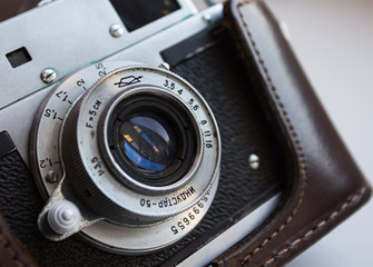 Vintage photo camera MIR Is a Soviet long-range camera, manufactured by the Krasnogorsk Mechanical Plant from 1959 to 1961. White background