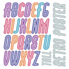 Poster - Vector retro vintage capital English alphabet letters collection. Funky italic tall font, typescript can be used in art creation. Made with triple stripy decoration.