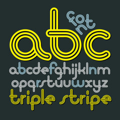 Fototapete - Vector lowercase funky disco alphabet letters, abc set. Trendy font, typescript for use in logo creation. Created using geometric triple stripes.