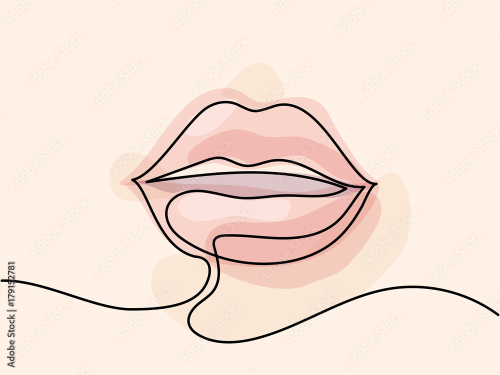Continuous line drawing. Beautiful Woman s lips logo. Pastel soft color outline vector illustration. Concept for logo, card, banner, poster, flyer - obrazy, fototapety, plakaty 